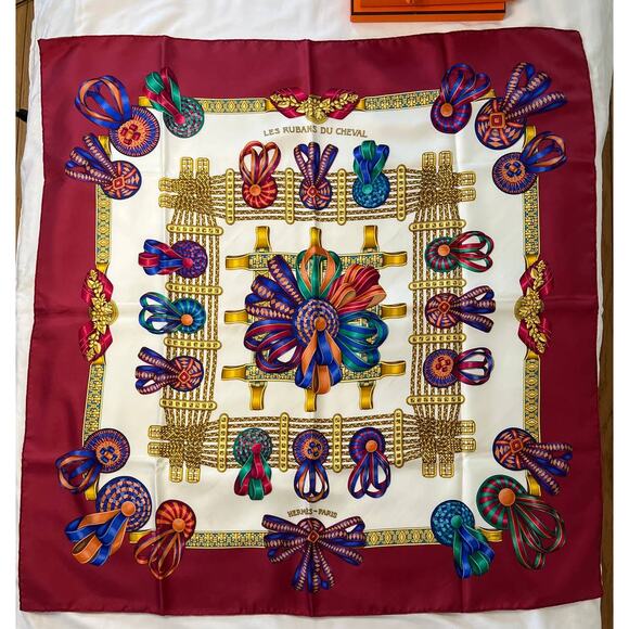 Vintage Red 'Les Rubans Du Cheval' Hermes Silk Scarf